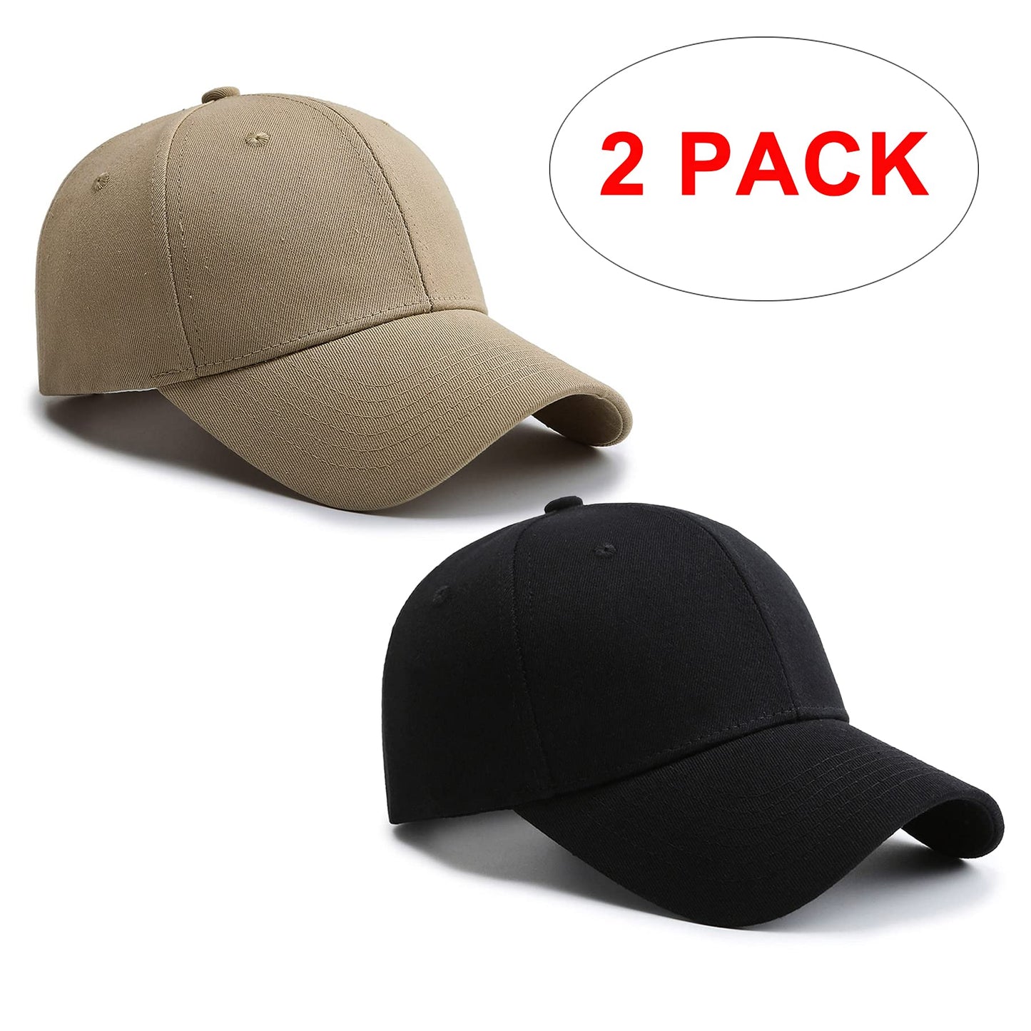 PFFY 2 Packs Baseball Cap Golf Dad Hat for Men and Women Hat Black +Khaki