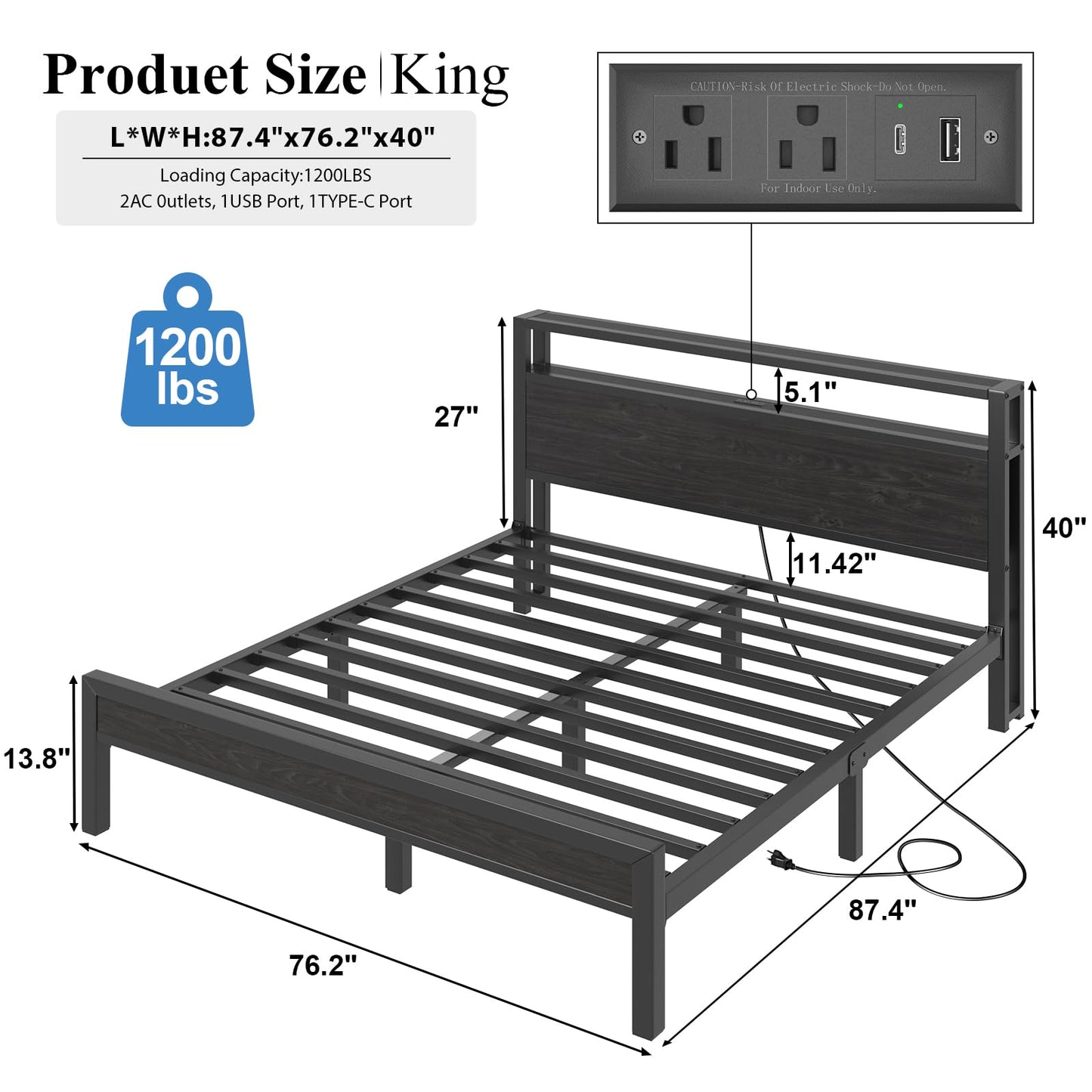 King Size Bed Frame with Storage Headboard, Industrial Platform Bed with Charging Station and LED Lights, Heavy Duty Metal Slats, No Box Spring Need, Noise Free, Black