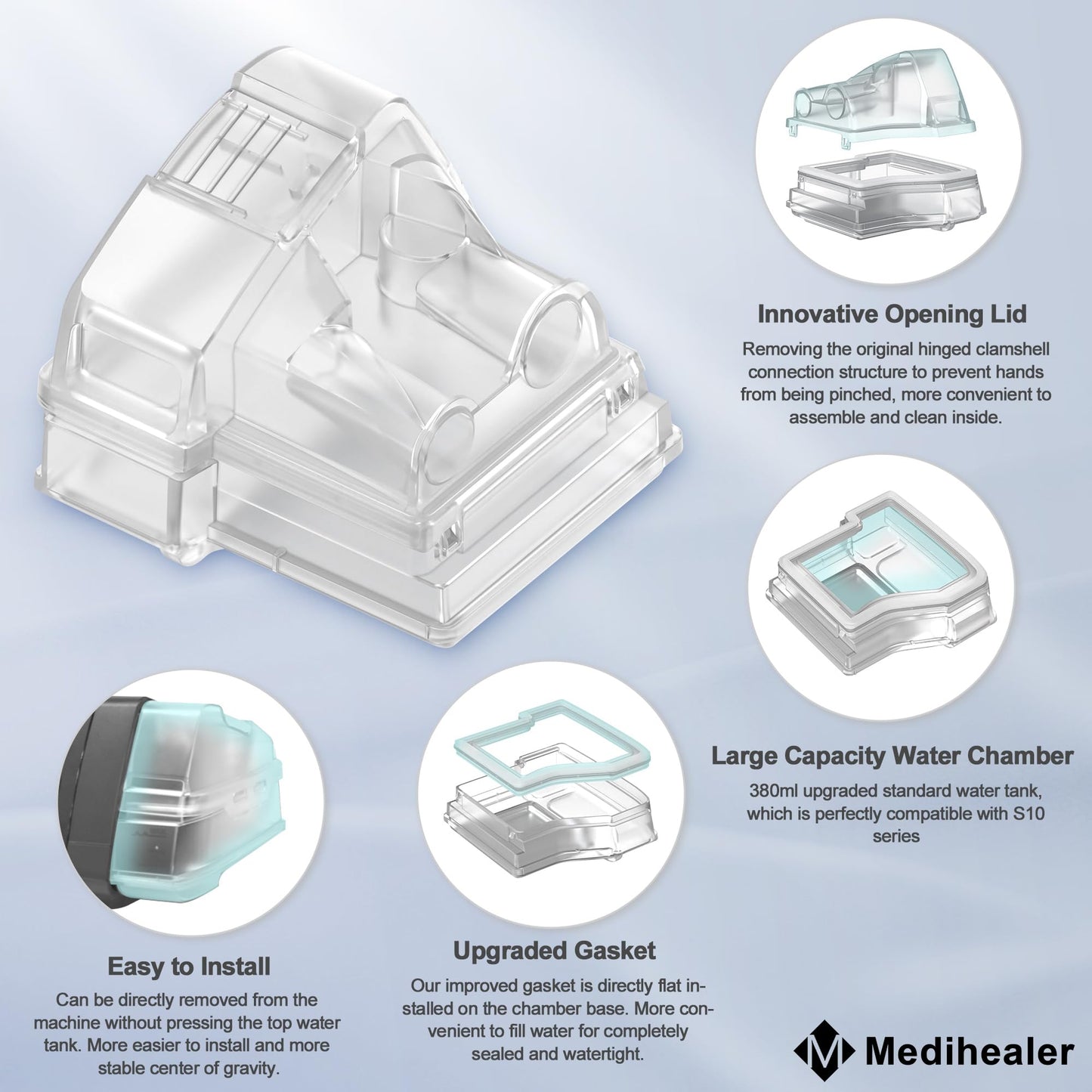 Water Chamber for Air10 with Hose Cover, 380ml Upgraded Water Chamber HumidAir Water Tub for S10 Series and Hose Cover for Heated Tubing, Great-Value Supplies by Medihealer.