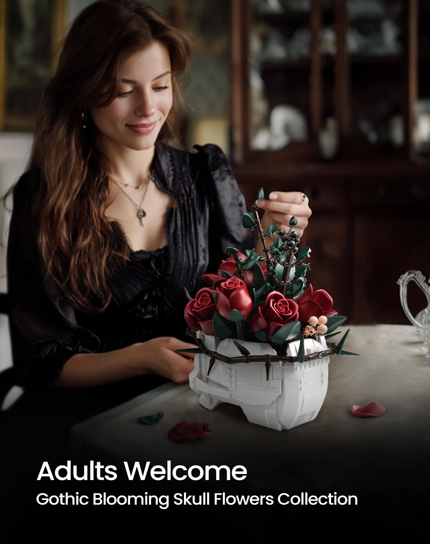 Skull Rose Bouquet Building Set, Compatible with Lego Flowers for Adult - Halloween Gothic Horror Skeleton Plant Pot Home Decor - Artificial Flower Botanical Collection Gifts, IA11008