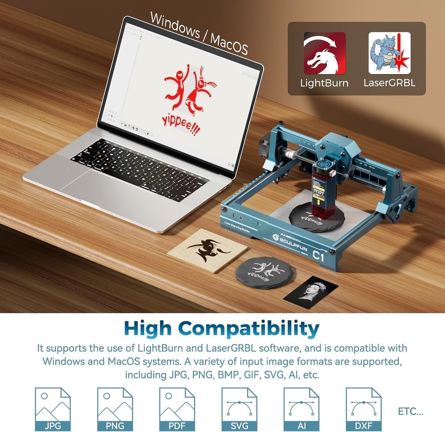 SCULPFUN C1 Mini Laser Engraver with SCULPFUN RA Mini Rotary Roller, 3W Portable Engraving Machine, 0.04mm Ultra-Fine Spot, 150x130mm Engraving Area, Works on Wood, Leather, Paper, Slate