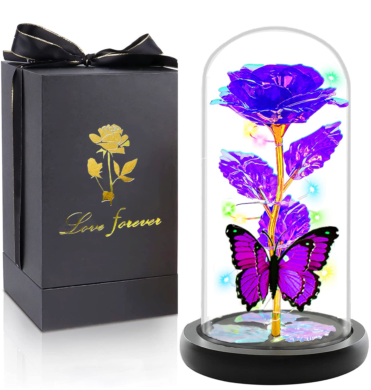 Birthday Gifts for Women, Flowers Gifts for Women Mom Her, Galaxy Crystal Light Up Rose Flower in A Glass Dome, Christmas Rose Presents Wife Grandma Sister Butterfly Purple