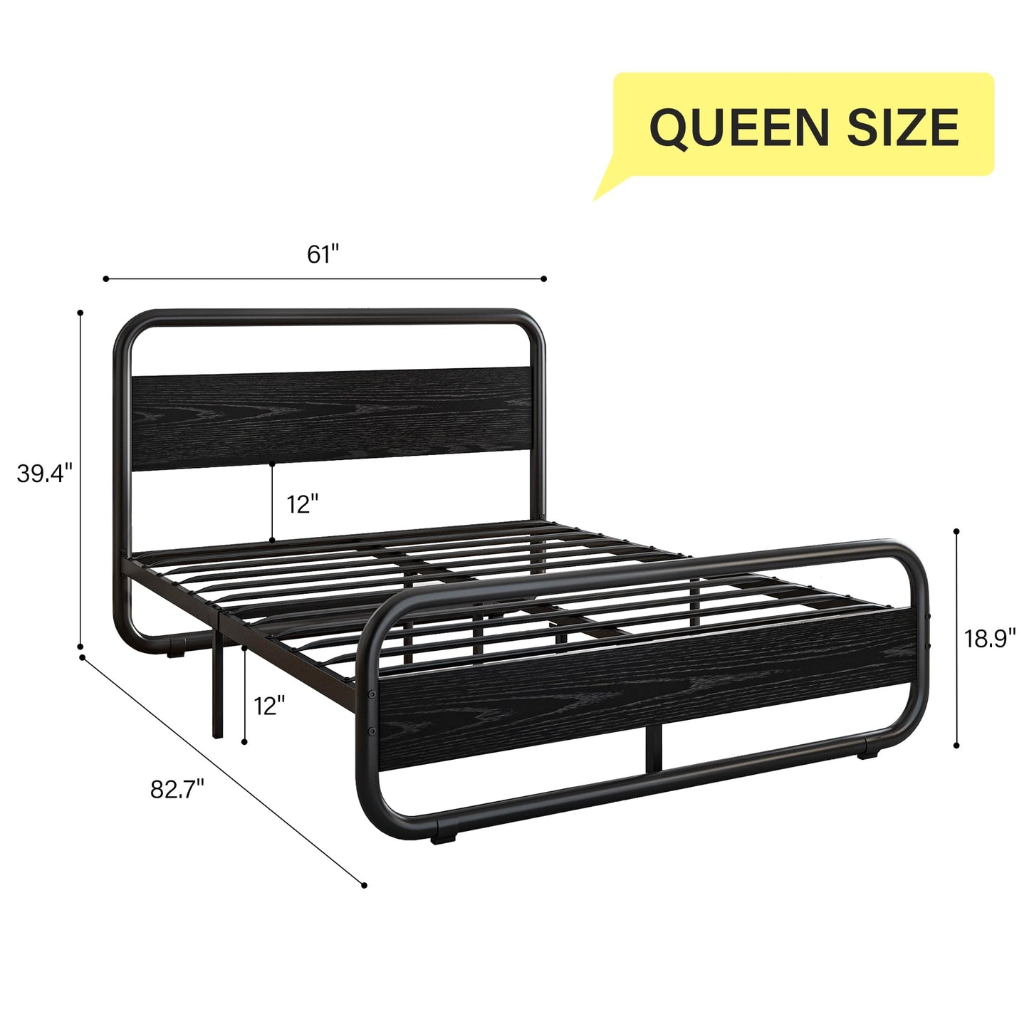 Catrimown Queen Bed Frame with Headboard LED Bed Frame Queen Size Heavy Duty Metal Rustic Bed Frame Queen Size Wood Platform Bed Frame Under Bed Storage Noise Free No Box Spring Needed (Black, Queen)