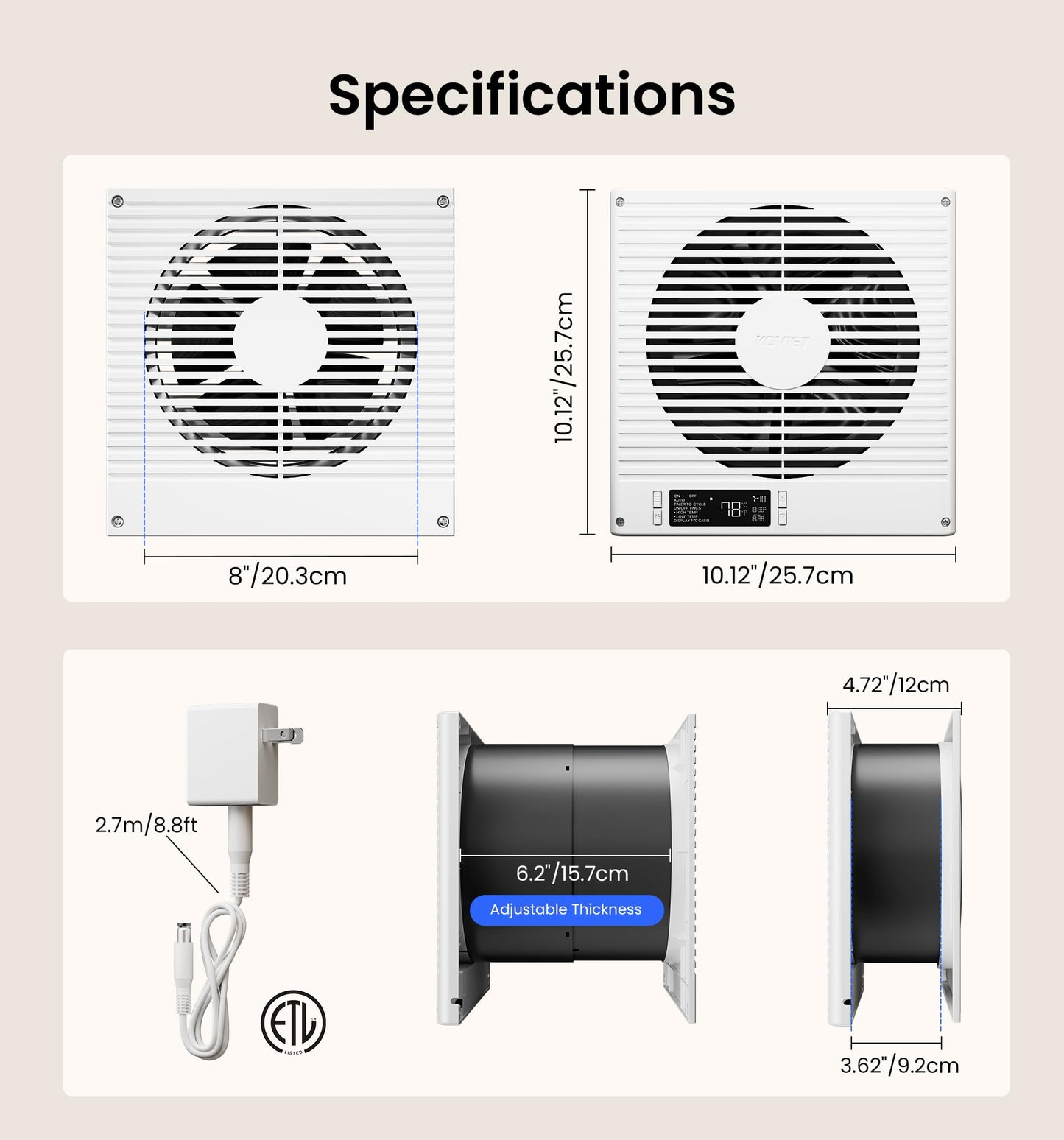 KOVIET 8" Room to Room Ventilation Fan with Remote, Quiet Reversible Through the Wall Air Transfer Fan, 10-Speed Smart Exhaust Vent, Temperature Control, ETL Certified for Bedroom, Kitchen, Laundry