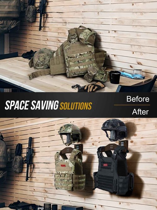 OneTigris Tactical Gear Wall Mount, Motorcycle Helmet Holder Wall Mount Stand, Plate Carrier Rack Jacket Hanger Display Organizer for Police Football Cycling Suit