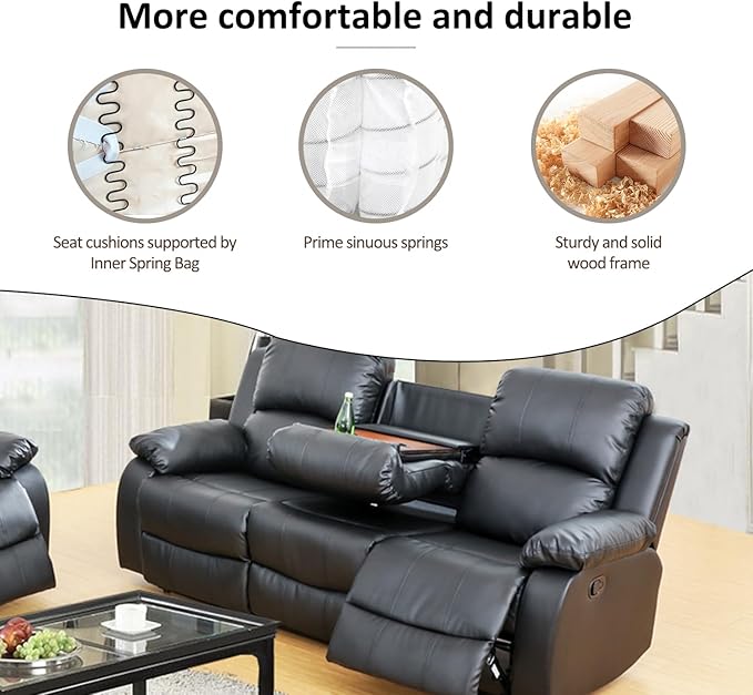 A Ainehome Living Room Furniture Set Leather Recliner Sofa Set Loveseat Chair Furniture Sofa Set for Living Room/Small Space/Rv/House/Office/Theater Seating (A-Black Leather, Sofa(3seater))