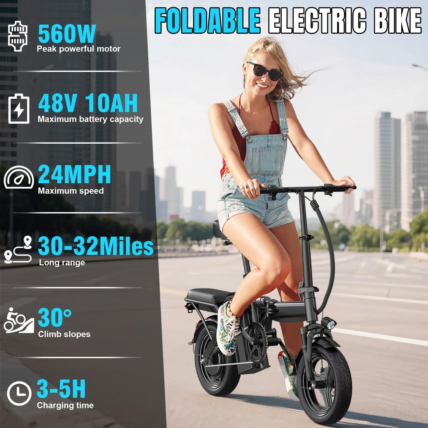 Electric Bike for Adults and Teens, 560W Motor 24MPH Compact Commuter Ebike, 32 Miles Range, 48V 10Ah Battery, 3 Shock Absorbers, 14" Mini Foldable Electric Bicycle with Basket, UL 2849 Certified