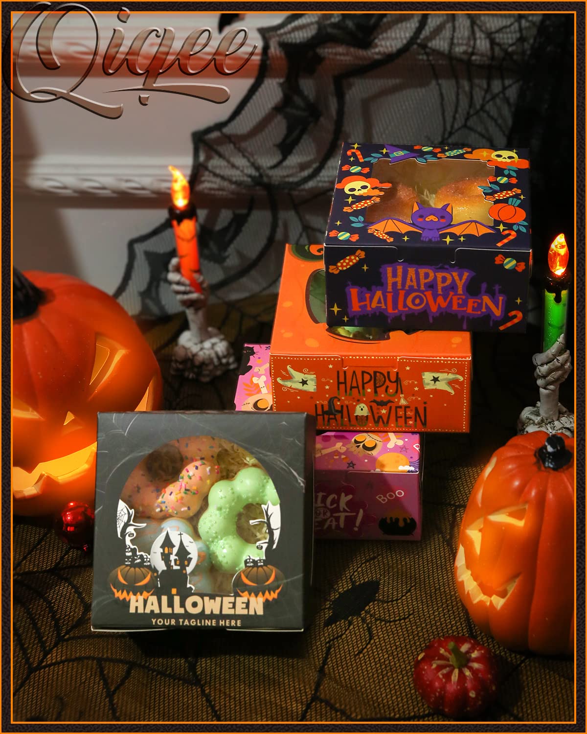 qiqee Halloween Bakery Box with Window 36packs 6x6x3 Spider Cookie Boxes Pastry Box for Halloween