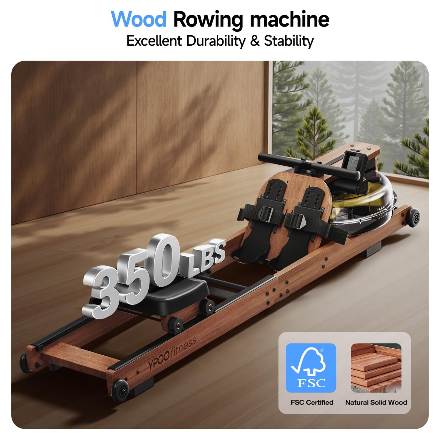 YPOO Water Rowing Machine for Home, Foldable Rower Machines with Comfortable Seat and Quick-Folding Design, Wooden Water Rower with 350LBS Weight Capacity