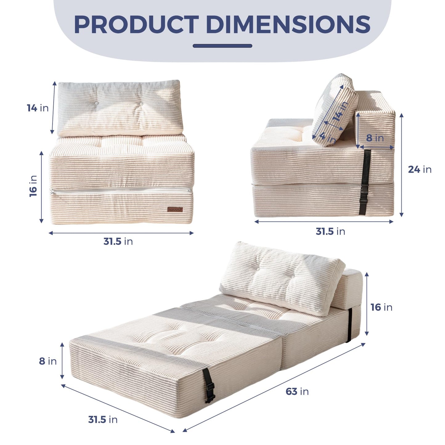 MAXYOYO Folding Sofa Bed, Convertible Sofa Bed with High-Density Support Foam, Portable 4 in 1 Fold Out Chair to Floor Lounger, Versatile Floor Couch for Living Room Bedroom, Beige