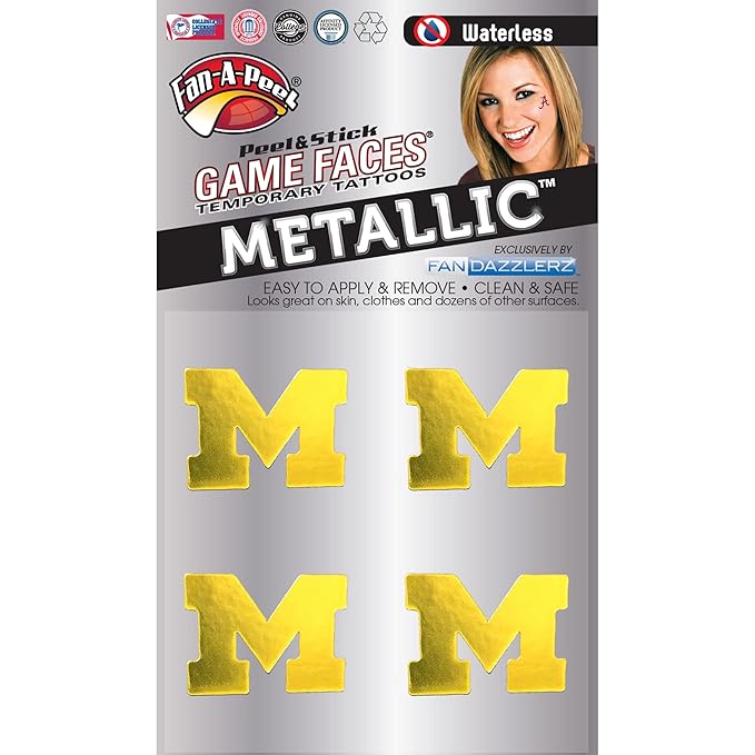 Fan-A-Peel Michigan Waterless Temporary Tattoos - Hypoallergenic Peel and Stick Waterproof Temporary Tattoos, Metallic - Officially Licensed