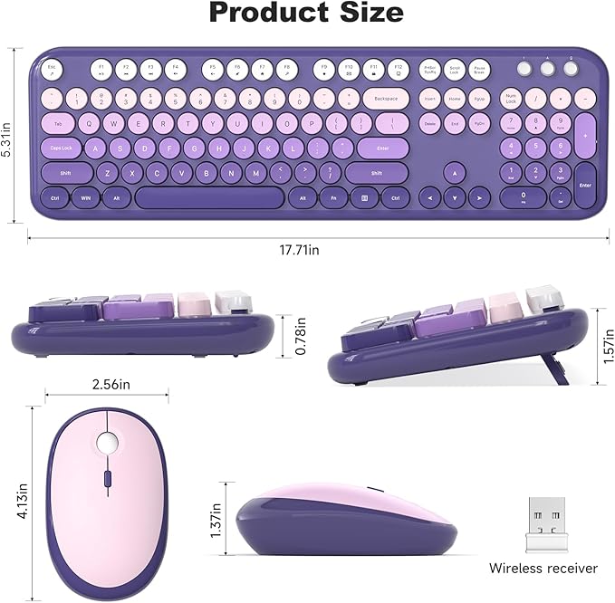 Wireless Keyboard and Mouse Combo, 104 Keys Full Size Typewriter Keyboards and 2.4 GHz USB Receiver Plug Play Mouse for Windows, PC, Laptop, Desktop (Purple)