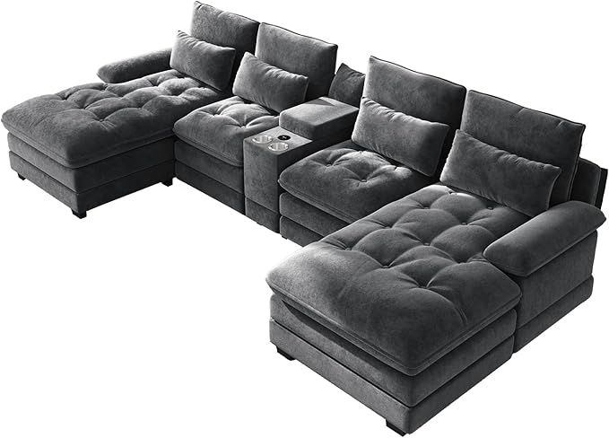 BEQAI 134" U Shaped Sectional Couches for Living Room,Modern Chenille 6 Seat Living Room Sofa Set with Storage Console,Oversized Modular Sectional Fluffy Couch with Tufted Buttons & Chaise Lounge,Grey
