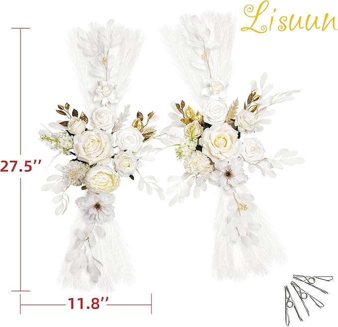 Wedding Arch Flowers, Artificial Floral Decor for Wedding Ceremony & Reception, Standard Size Large Flower Swag Set for Backdrop & Welcome Sign, Pack of 2 (White Pampas)