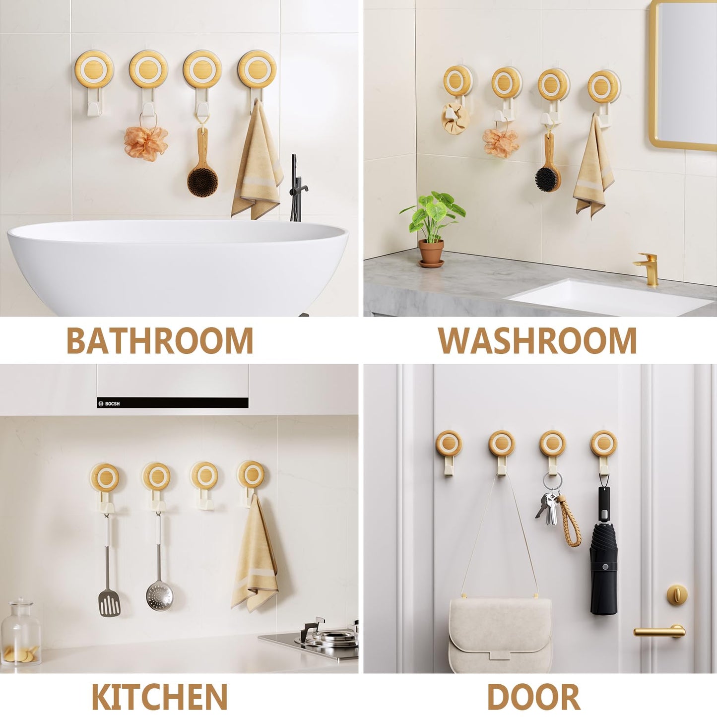 Cinola Suction Cup Hooks 4 Packs, Suction Shower Hooks Wall Waterproof, No Drill Towel Hooks for Bathrooms, Kitchen, Glass, Door