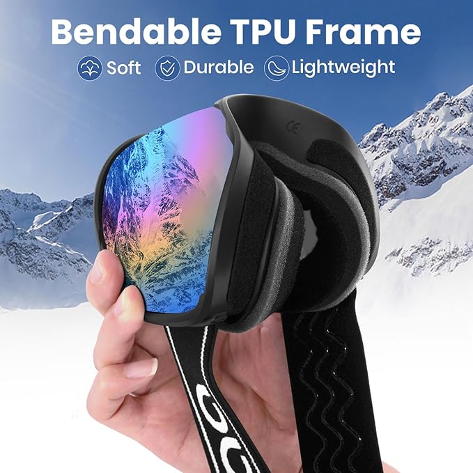 COOLOO Ski Goggles, OTG Snow Goggles for Adult Men Women Youth, Snowboard Goggles Over Glasses, Anti-fog, UV Protection