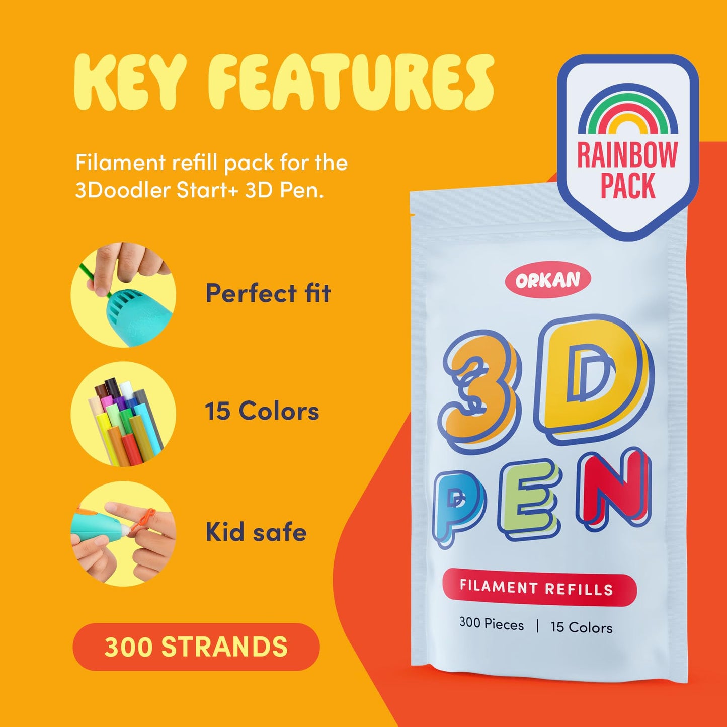 300 x ORKAN 3D Pen Filament Refills | Only Compatible with The 3Doodler Start+ | 15 Rainbow Colors | 6" x 2.5mm PCL Eco-Filament Strands | Safe for Kids | Only for 3Doodler Start+ 3D Pen