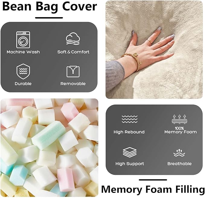 5FT Big Bean Bag Chairs for Adults Bean Bag Chairs with Filler Soft and Comfortable Memory Foam Chair Giant Bean Bag Chair, Adult Living Room, Suitable for Bedroom, Dormitory Gaming (Apricot)