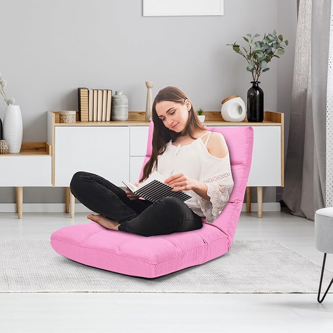 GORELAX Floor Chair with Back Support, 14-Poistion Adjustable Folding Gaming Chair Recliner, Meditation Chair with Steel Frame, Padded Lazy Sofa Chair for Adults, Kids (Pink)