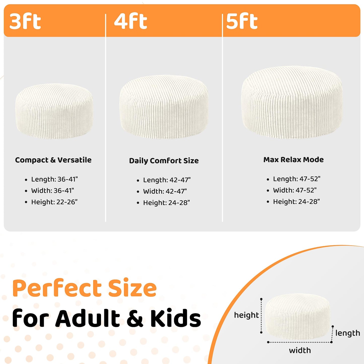 HABUTWAY 5FT Bean Bag Chair, 5' Large Bean Bag Chairs for Adults with Removable Stripe Plush Cover, Memory Foam Beanbag Chair for Living Room Bedroom Dorm (White)