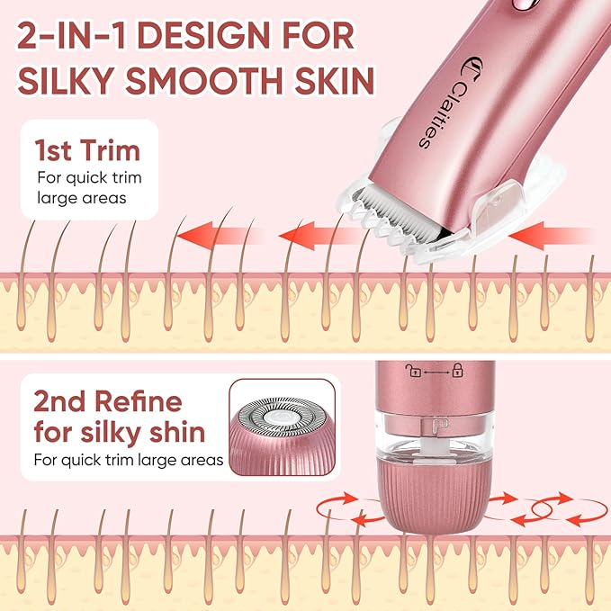 2 in 1 Women Electric Shaver Dual Head Bikini Trimmer for Women IPX7 Waterproof Wet & Dry Use Body Hair Trimmer and Facial Hair Remover for Bikini Underarm Leg Arm Body Face(Rose Gold)