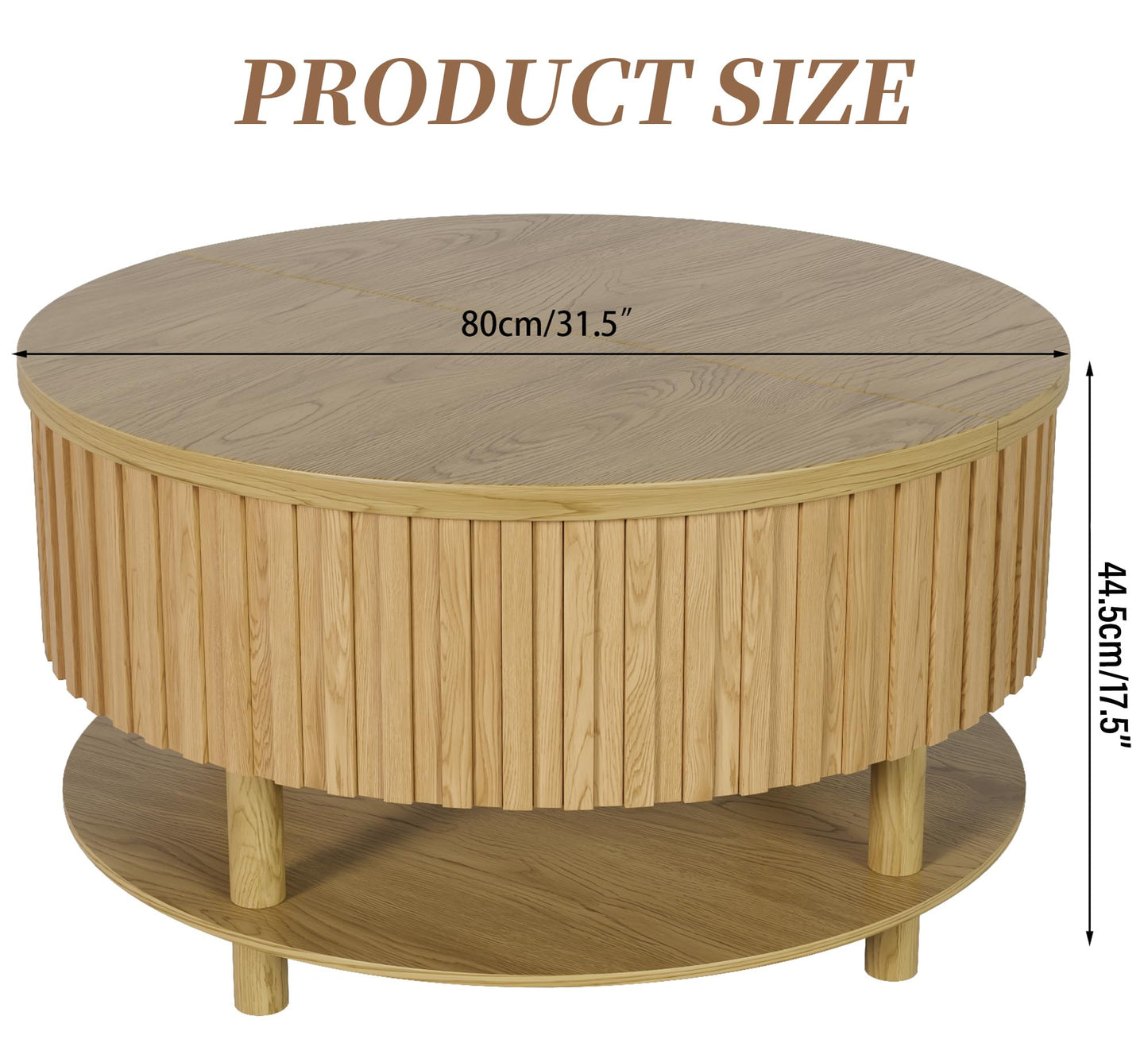 Limaoaio Round Lift Top Coffee Table with Storage, 31.5'' Modern 2-Tier Coffee Table with Hidden Storage Compartment and Open Shelf, Fluted Center Table for Living Room Home Office (Wood Color)