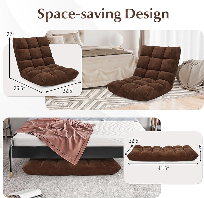Folding Floor Chair w/Back Support, 14-Position Adjustable Lazy Sofa Chair w/Coral Velvet Fabric & Alloy Steel Frame, Portable Meditation Chair for Reading, Gaming,Sleeping (Coffee)