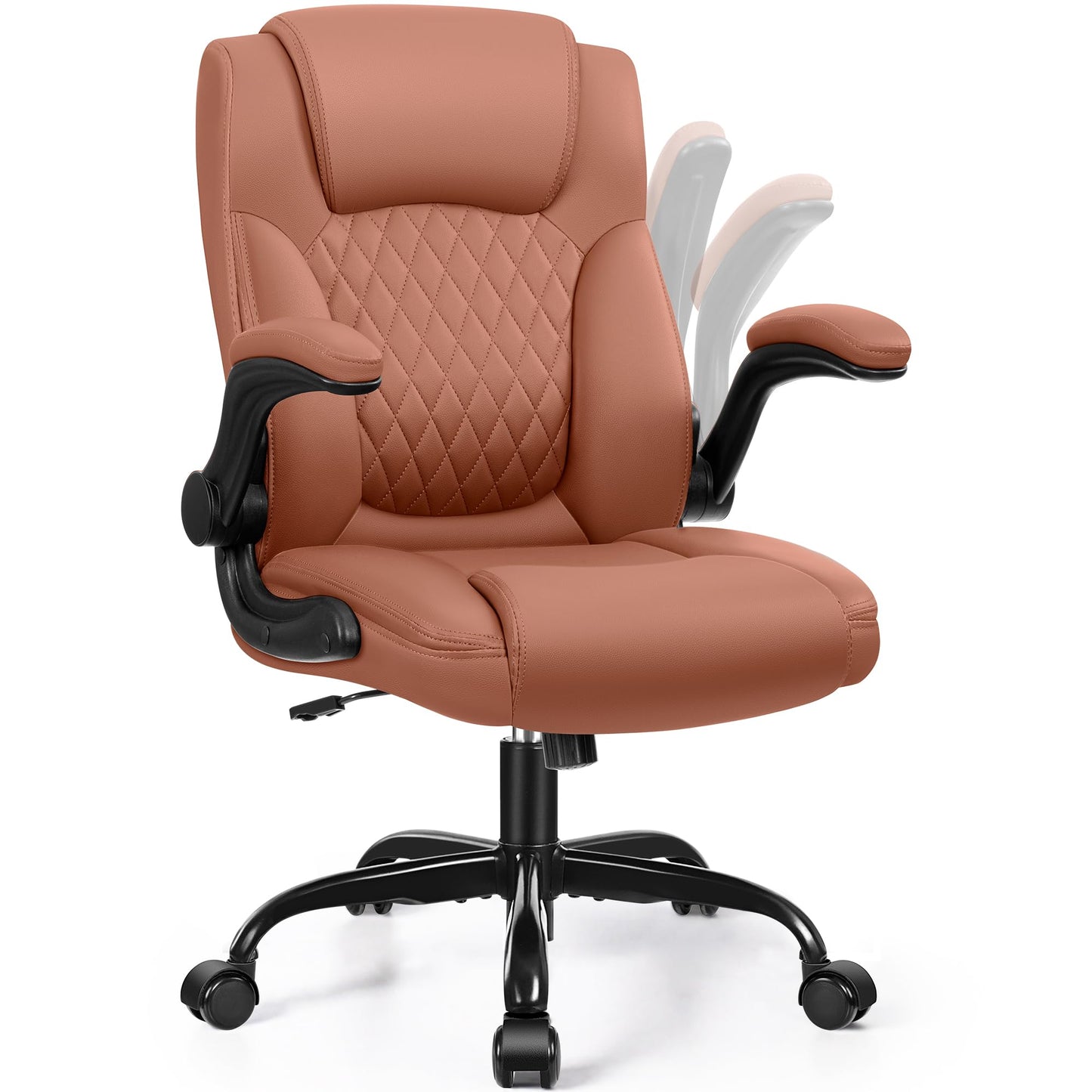 Leather Office Chair, PU Home Computer Desk Chairs with Ergonomic Back Support, 360°Swivel Free,Small Gmaing Chair with Wheels and Adjustable Armrests, for Short People Use, Brown