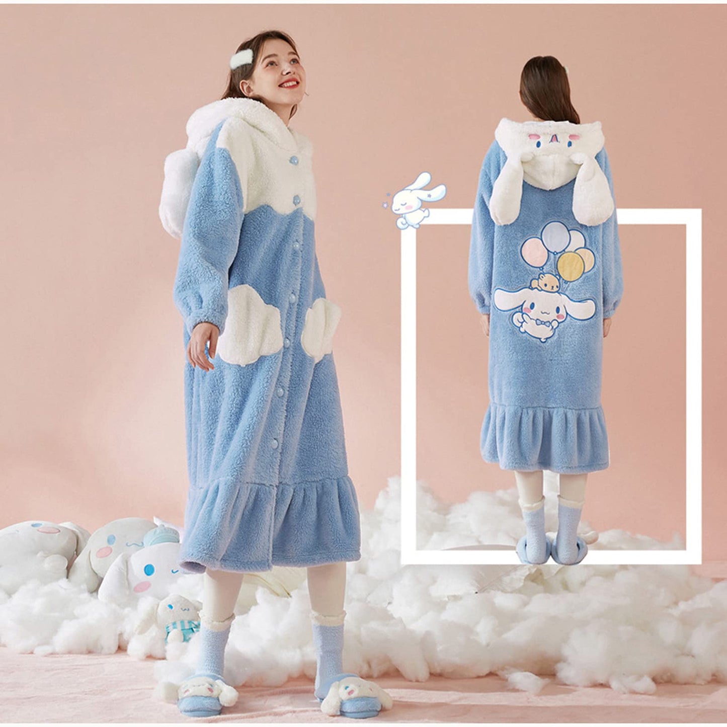 MEOKIM Women's robe button bathrobe Women's hoodie coat plush warm pajamas Long sleepwear with cute pattern pocket pajamas (Cloud Dog,Medium)