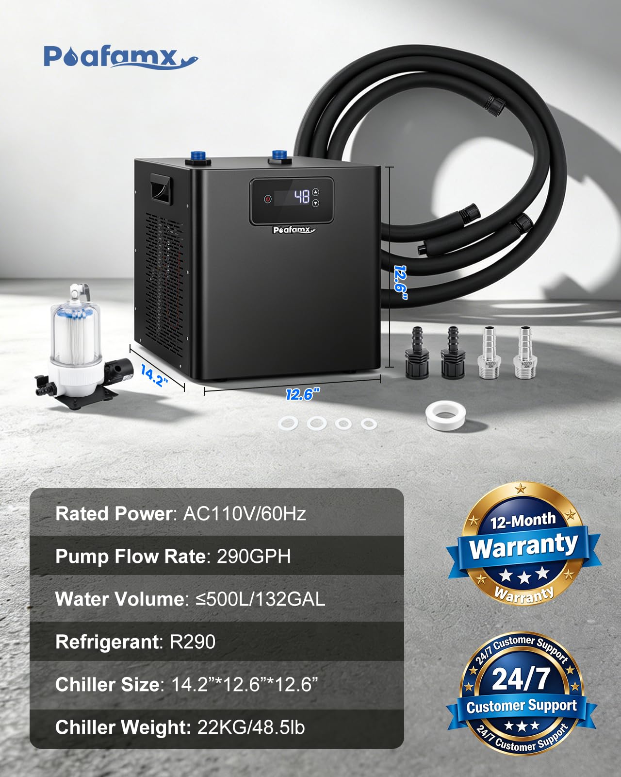 Poafamx 1/2 HP Water Chiller for Ice Bath, Cold Plunge Chiller with External Filter & Water Pump, Insulated Hoses, Quiet Cold Therapy Cooler for Ice Bath Tub