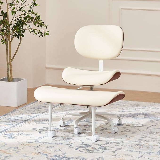 EROMMY Criss Cross Chair with Wheels Retractable footrest, Wide and Thickened ADHD Chair, Ergonomic Cross Legged Kneeling Desk Chairs for Meditation Yoga, Beige & Brown