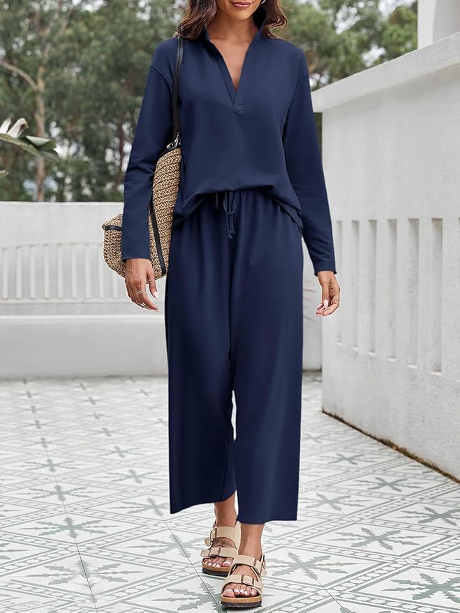 Imily Bela Womens 2 Piece Outfits Sweatsuit Long Sleeve Lapel V Neck Shirt and Wide Leg Pants 2025 Fall Trendy Tracksuit