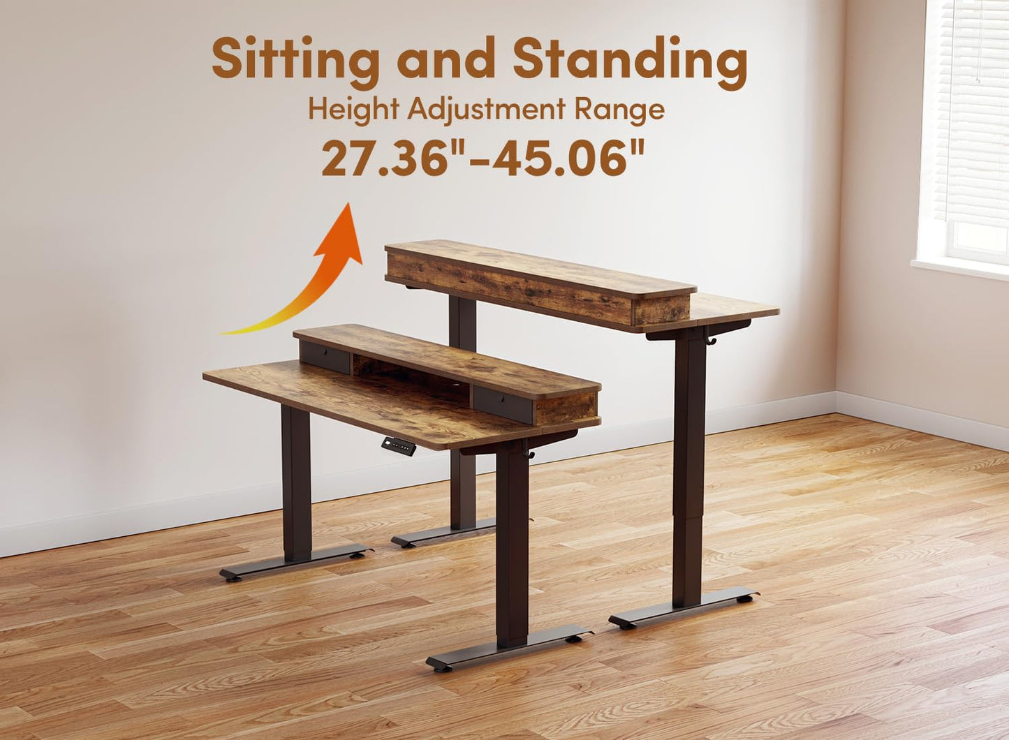 Cubiker 55 x 24 Electric Standing Desk with Double Storage Drawers, Height Adjustable Home Office Computer Workstation, 4 Adjustable Feet & 2 Hooks, Rustic Brown