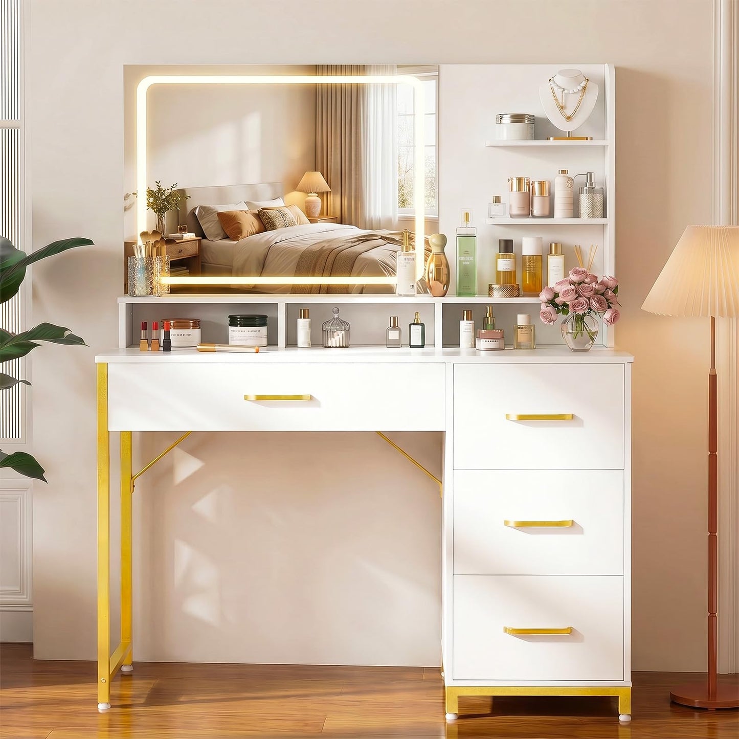 LUCKRACER Vanity Desk with LED Lights Mirror, Makeup Vanity with Storage Drawers and Shelves, Modern Dressing Table for Women Girls Bedroom, Ivory White