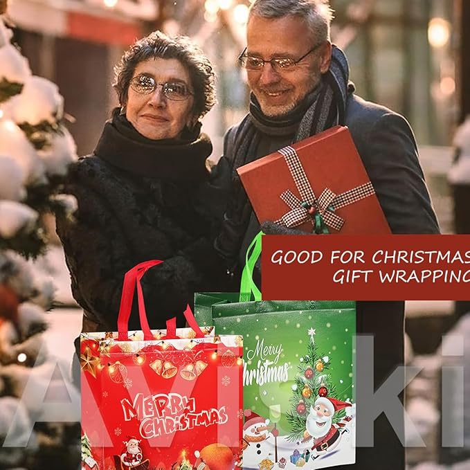 8PCS Christmas Gift Bags, Non-Woven Treat Tote Large Christmas Bags with Handles for Gifts Wrapping Shopping, Xmas Party Supplies, 15"×13.8"×5.9"