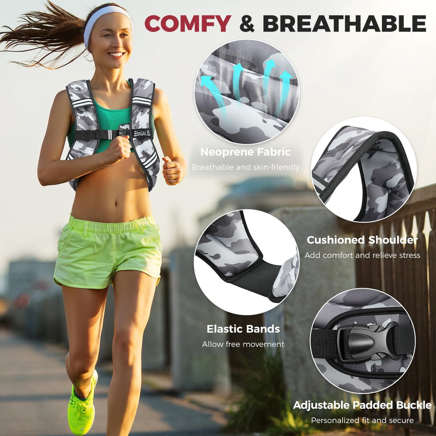 BAGAIL Weighted Vest, 5lb/8lb/10lb/12lb/15lb/20lb/25lb/30lb Weight Vest for Walking & Weight Loss, Reflective Rucking Vest with Phone Pouch for Women & Men, Home Gym & Outdoor Training