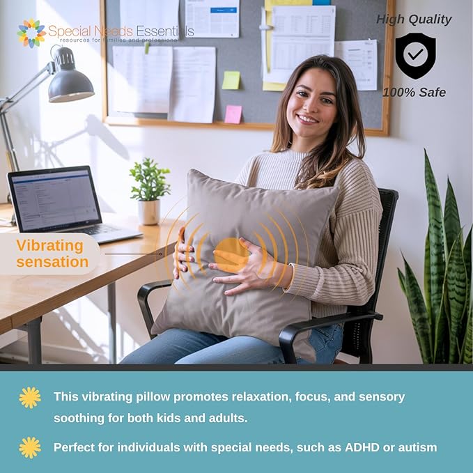 Special Needs Essentials FocusPad Throw Pillow โ Gray Vibrating Sensory Cushion for Kids & Adults | Comfort, Calm & Focus for Sensory Needs and ADHD Portable Therapy Pillow