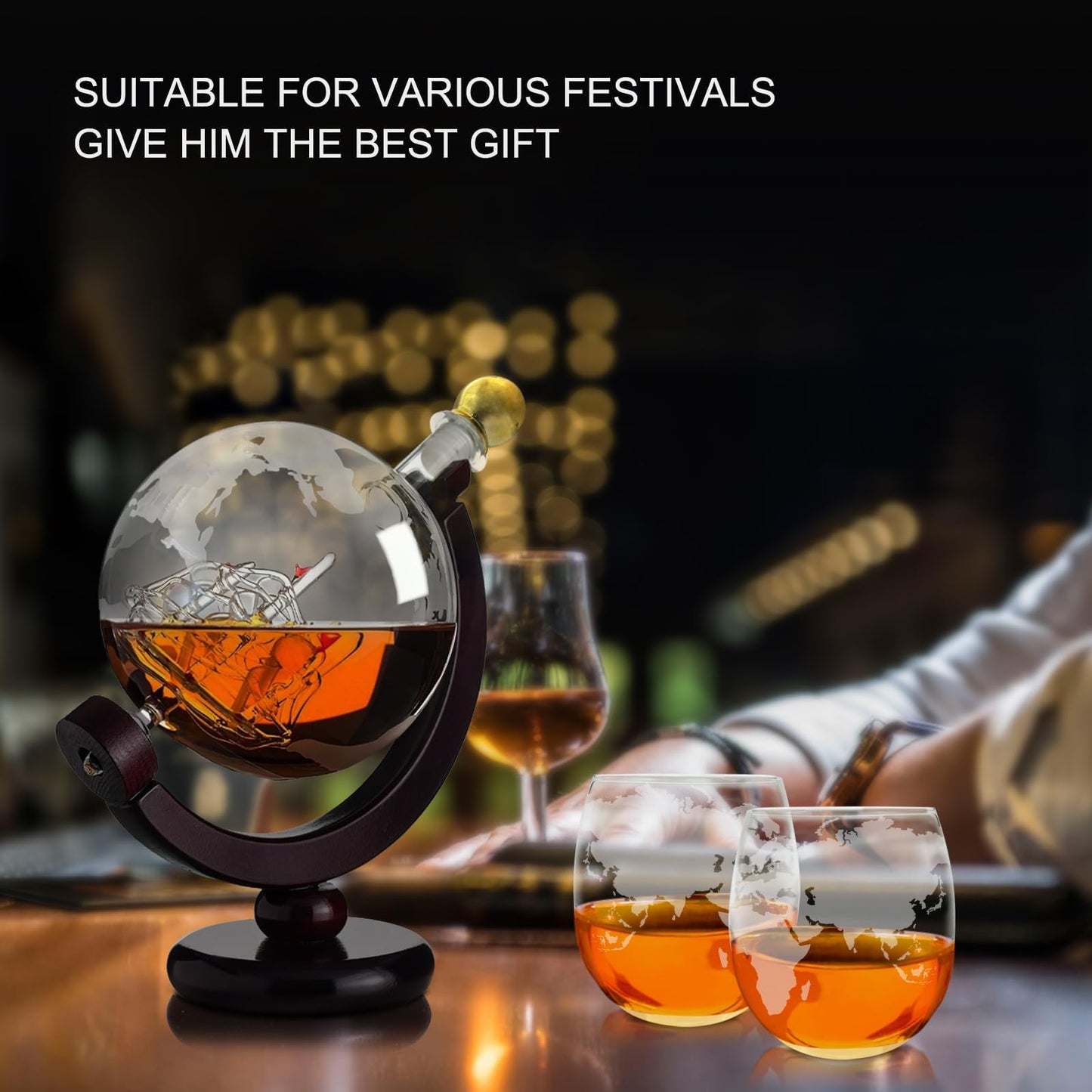 Christmas Anniversary Birthday Gifts for Dad, Whiskey Decanter Set, Globe Decanter Sets for Men, Etched World, Liquor Decanters, Wooden Base for World Map Whiskey Glasses