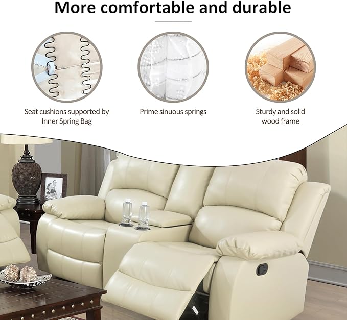A Ainehome Living Room Furniture Set Leather Recliner Sofa Set Loveseat Chair Furniture Sofa Set for Living Room/Small Space/Rv/House/Office/Theater Seating (A-Beige Leather, Loveseat)