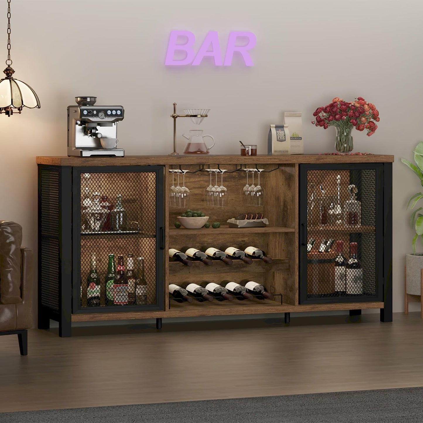 Launica Industrial Coffee Bar Cabinet, Wine Bar Cabinet for Liquor and Glasses, Liquor Cabinet with wine Rack Storage, Wood Metal Sideboard Buffet Cabinet for Home Kitchen Dining, Rustic Brown 55 Inch