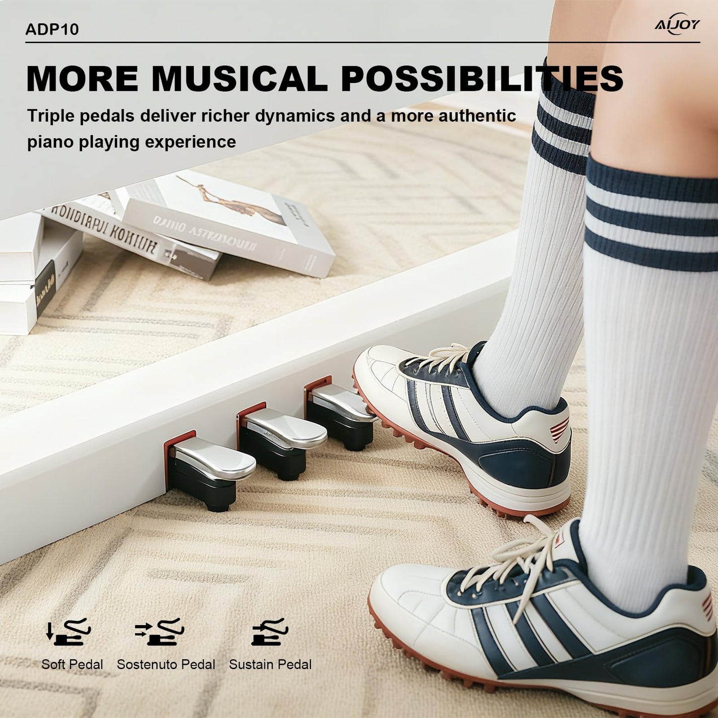 AiJoy 88-Key Digital Piano for Beginners, Velocity-Sensitive Keys, Electric Piano with Triple Pedal, MIDI & Headphone Support, Compact Elegant Design, Christmas & Birthday Gifts, White (ADP10)