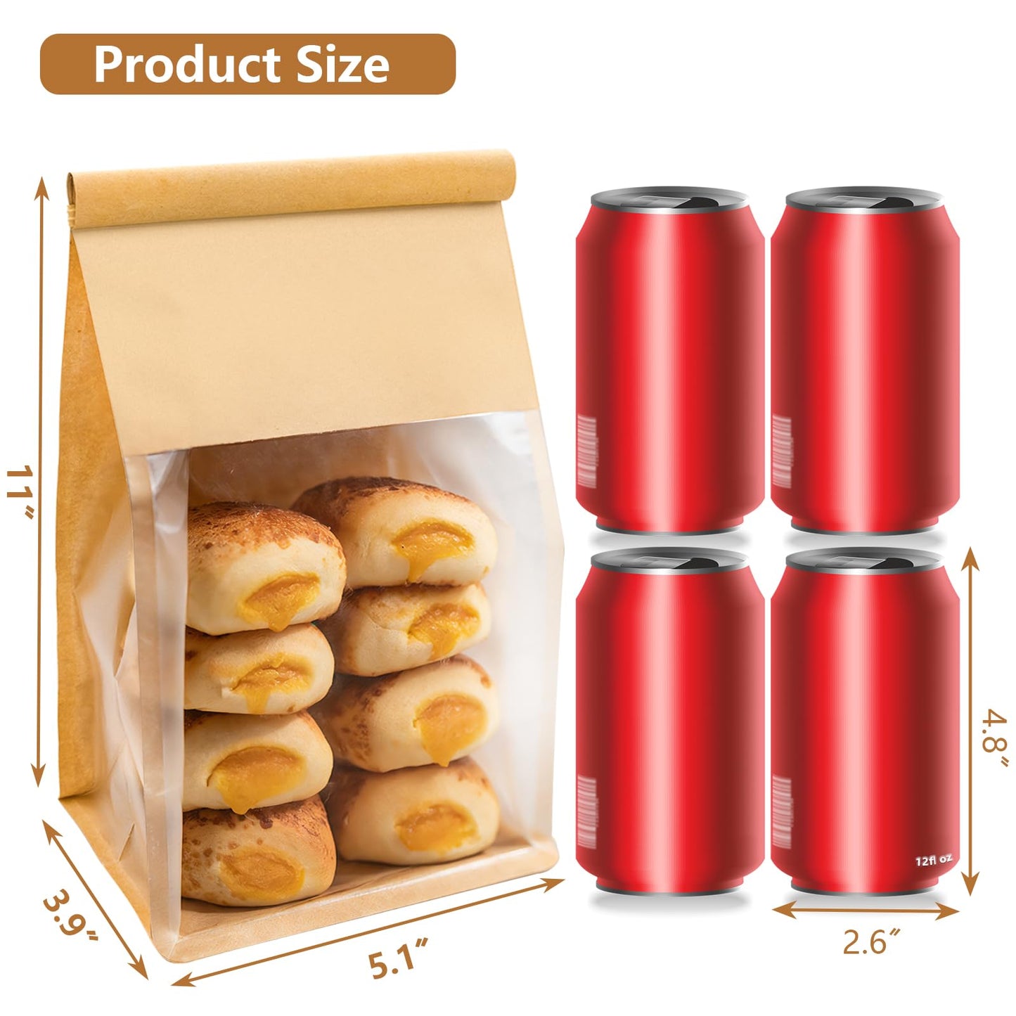 50 PCS Bread Bags for Homemade Breads, 11x5.1x3.9 Inch Resealable Cookie Bags with Tin Tie Tab Lock, Paper Bakery Bag with Window for Packaging Bagels, Muffin, Scone, Brownie, Baked Goods Storage