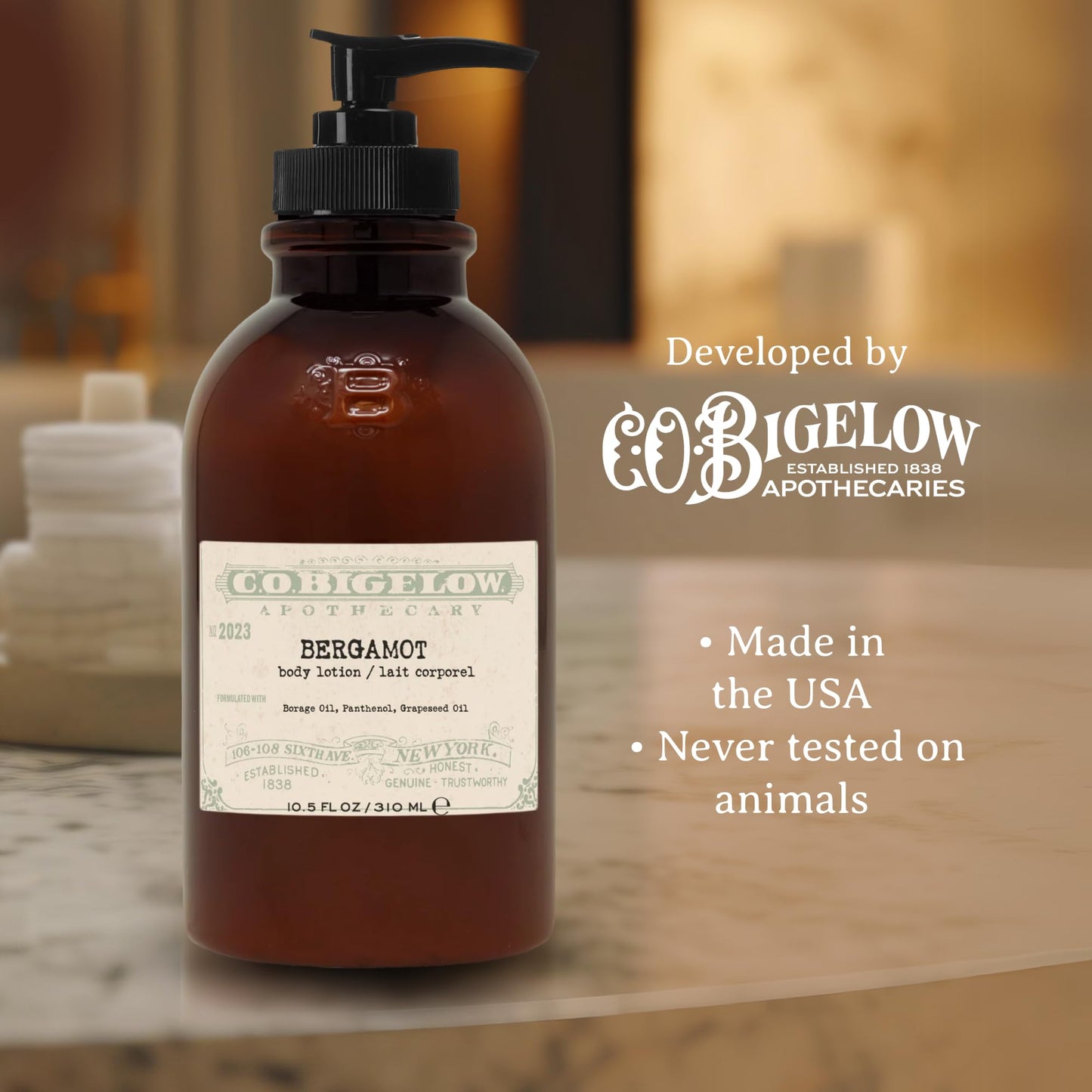 C.O. Bigelow Iconic Collection Bergamot Body Lotion, with Borage Oil, Panthenol, Grapeseed Oil, and Shea Butter, 10.5 fl oz