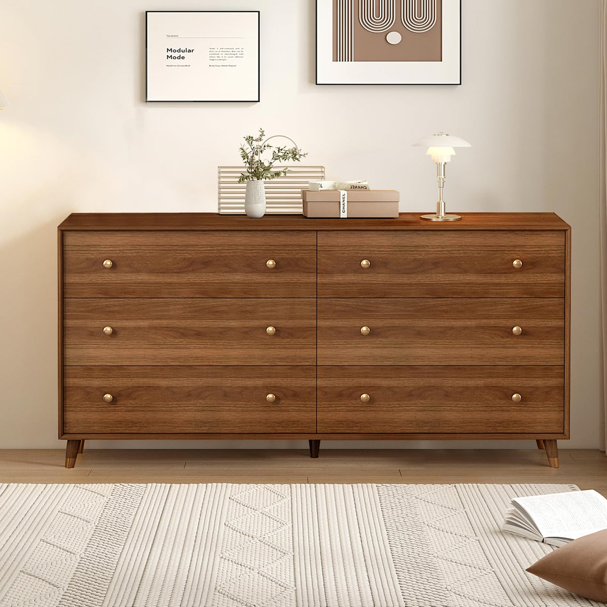 Messenya Mid Century Modern 6-Drawer Dresser, 55 Inch Wide Solid Wood Frame Chest, Walnut Finish, Beveled Design, Heavy-Duty Drawer Glides, Storage Cabinet for Bedroom, Living Room, TV Stand