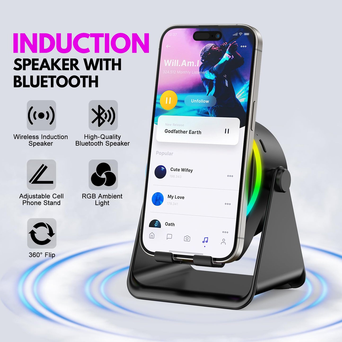 Wireless Induction Speaker- 4 in1 Bluetooth Speaker Phone Stand with Colorful Ambient Light 360° Rotation Compatible with iPhone/Android/iPad/Samsung Galaxy- Unique Birthday Gift for Men Women Adults