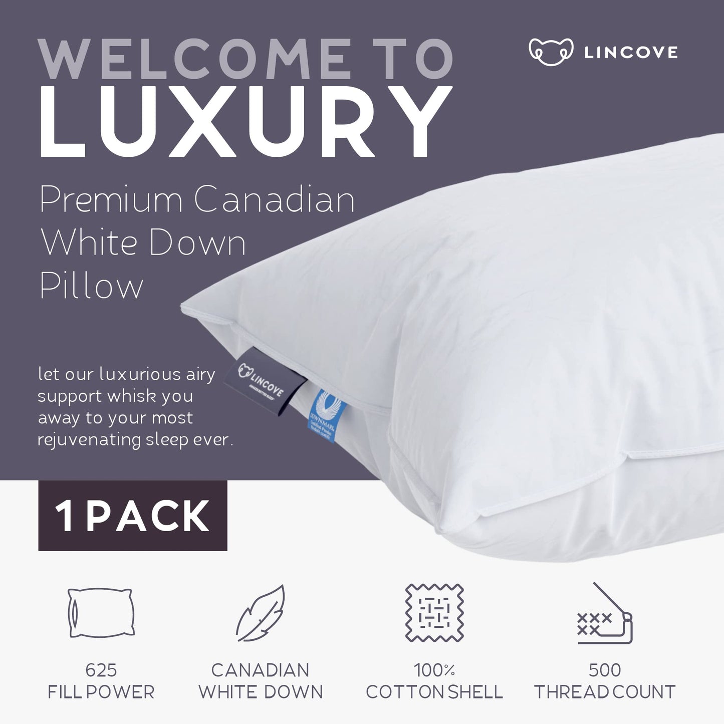 Lincove Cloud Natural Canadian Down Pillow, White Luxury Sleeping Pillow - 625 Fill Power, 500 Thread Count Cotton Shell, Made in Canada, Standard - Medium, 1 Pack