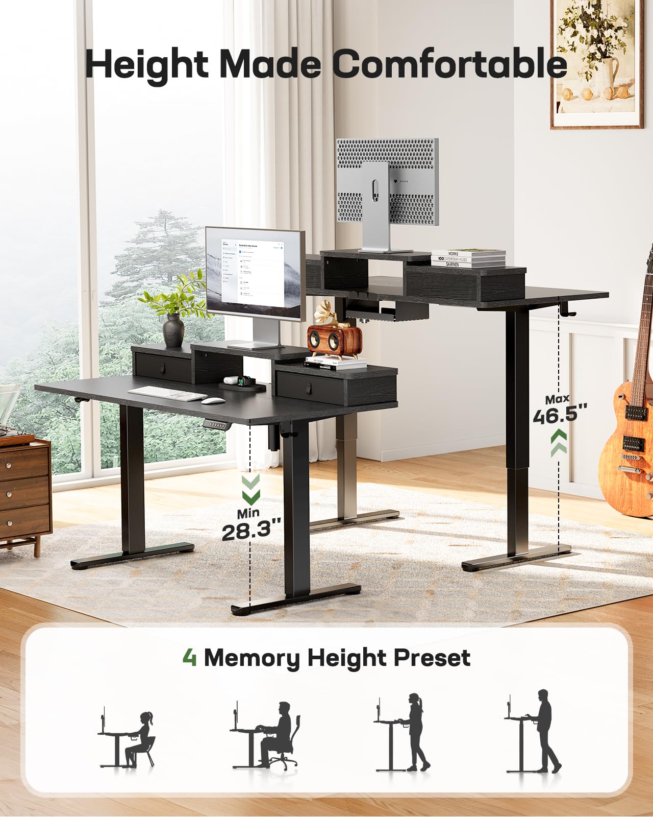 Marsail 55″ x 28″ Electric Standing Desk with Drawers, Height Adjustable Sit Stand Up Desk with Storage Shelf, Ergonomic Home Office & Computer Table with 4 Memory Heights, Black