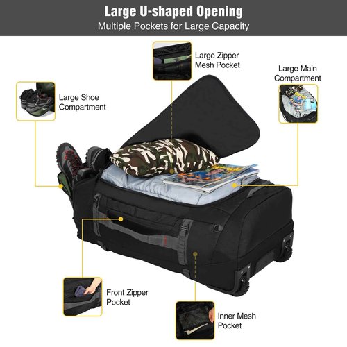 REDCAMP 120L Foldable Duffle Bag with Wheels and Shoe Compartment, 1680D Oxford Large Duffel Bag Backpack with Rollers for Travel, Camping, Hiking, Black