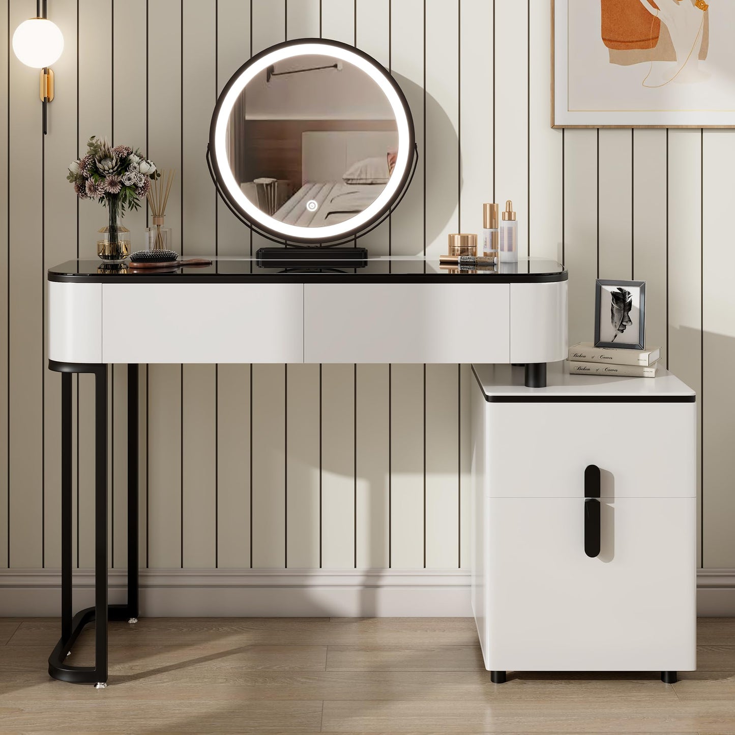 KDCAS Small Vanity Desk with Mirror and Lights| Modern Makeup Vanity Table with Adjustable Nightstand and 4 Storage Drawers| Black and White Dressing Table for Bedroom Space