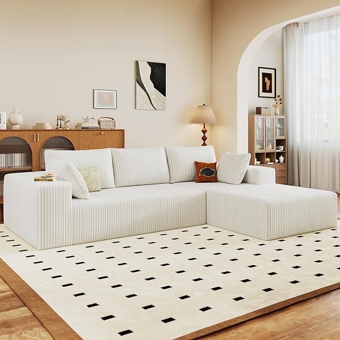 96" Cloud Sectional Couch with L-Shape Chaise, Modern Corduroy Boneless Couch for Living Room,Memory Foam Sofa with Deep Seat,No Assembly Required (White,Right-Facing Chaise)
